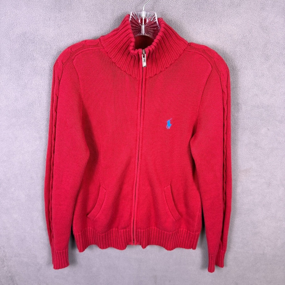 VTG Y2K Ralph Lauren Sport Sweater M Full Zip Chunky Cable Knit Jacket Track EUC